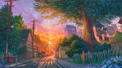 4K唯美治愈夕阳动漫城市街道