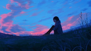 唯美夕阳云彩草地女孩