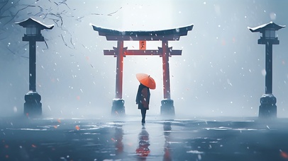 雪中神社撑伞人