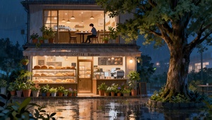 夜晚雨中面包店