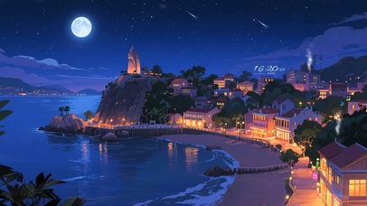 夏夜海湾小镇