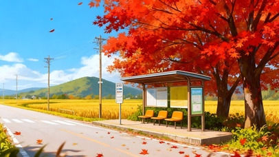 秋天路边车站落叶