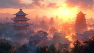 落日夕阳古建筑