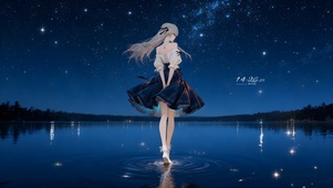 星空下湖面女孩
