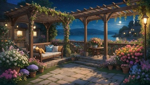 夜晚湖边花园小屋
