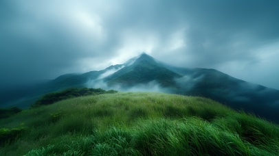 云雾山间的翠绿草地