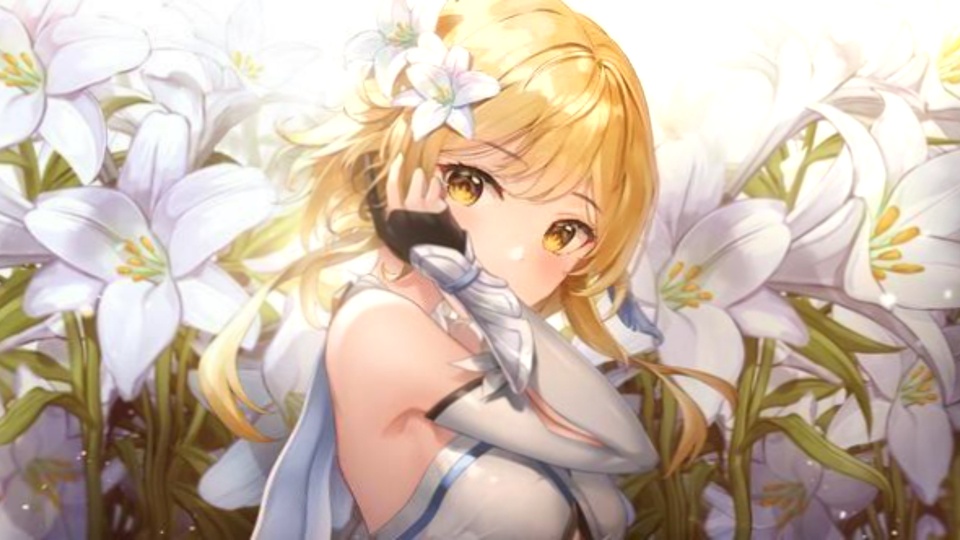 原神角色荧身着白蓝服饰，站在盛放的白色百合花丛中，暖金色柔光笼罩整幅画面。