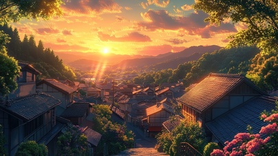 俯瞰落日下的古镇