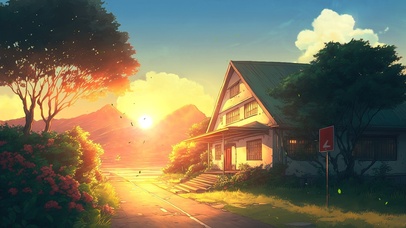 4K唯美治愈夕阳动漫木屋