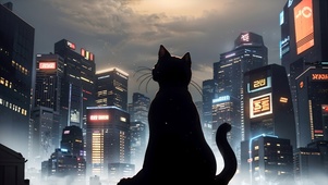 城市雪夜中的小黑猫
