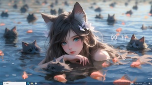 一个少女和一群猫在游泳