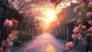 落樱古镇的浪漫黄昏