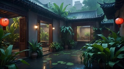 雨中小院一角