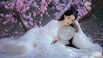 4k唯美桃花树下古风美女