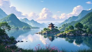 古风宁静湖泊