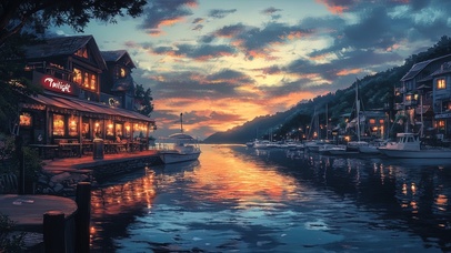 黄昏下的河岸商铺