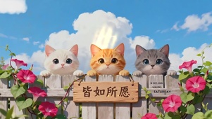 喇叭花篱笆小猫
