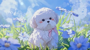 春日蓝花田小白狗