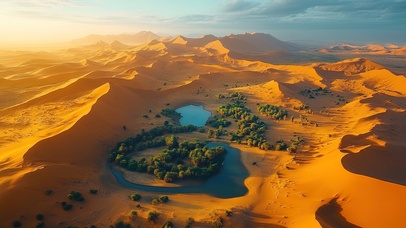 俯瞰黄昏沙漠绿洲