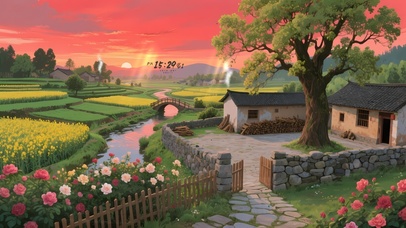 晚霞笼罩农村平房村落	