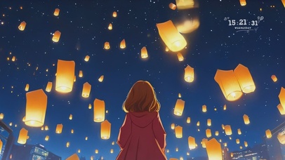 唯美治愈天灯下的小女孩