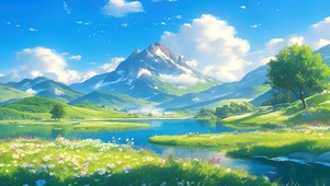 绿色护眼治愈动漫雪山草原溪流