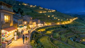夜晚梯田小镇夜市