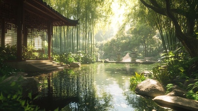 清新绿色竹林庭院水塘