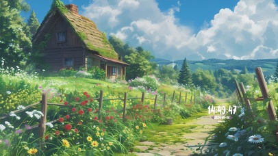 蓝天白云房屋花草树木景色