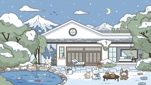 卡通兔兔插画下雪房子