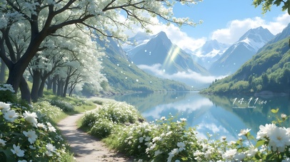 护眼白色樱花湖泊