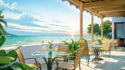 夕阳下海边餐厅