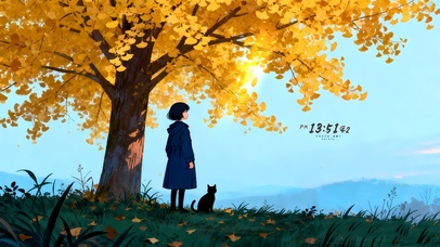 银杏树下女孩与猫	