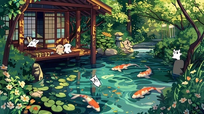 清新夏日荷塘小狗