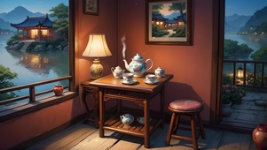夜晚中式小屋一角