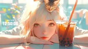 喝奶茶嘛？美女与猫