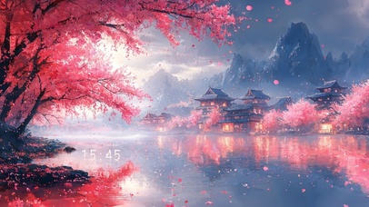 唯美樱花阁楼湖畔