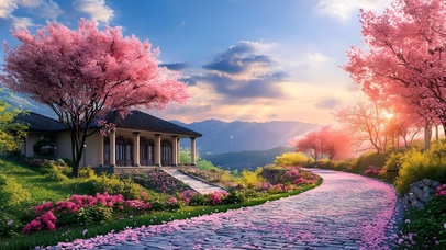 山上夕阳樱花小屋