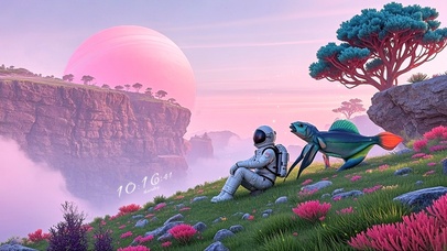 宇航员闲坐观外星球风景