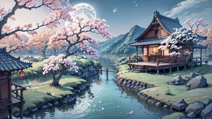 月夜河边樱花小屋