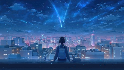 星空夜景下的一人一猫
