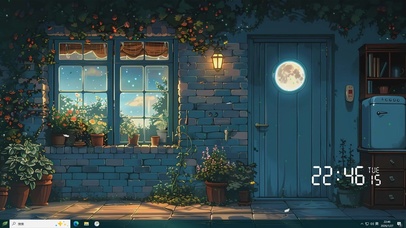 夜景星空树木房屋绿景桌面主题