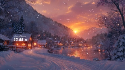 冬日黄昏湖畔村庄