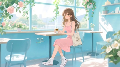 清新街道咖啡店女孩