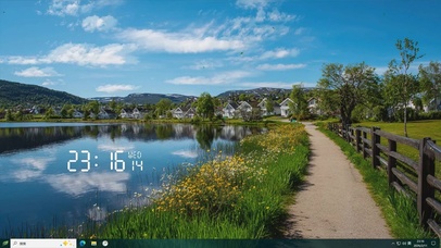 护眼蓝天白云树木河流桌面主题