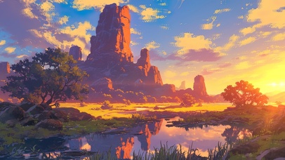 落日晚霞壮观的巨型柱状岩