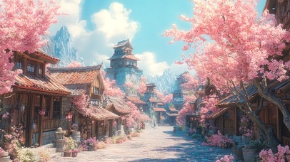 春日樱花蓝天小镇风景