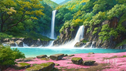 4k治愈护眼绿林瀑布