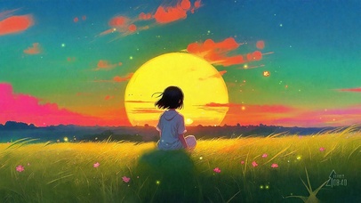 草原看夕阳少女