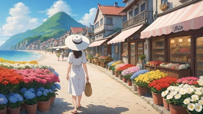 海边花店旁的女孩